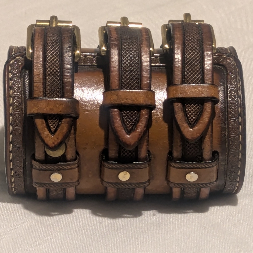 Hand tooled Wide Leather Cuff Bracelet with Triple Straps - Picture 4 of 12